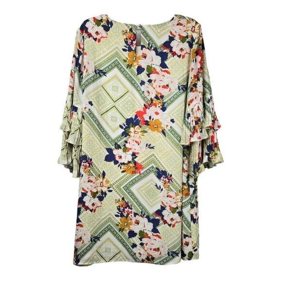 Cato Work Dress Pleated Bell Sleeve Shift Boho A-line Green Floral Tile Print - Picture 11 of 11